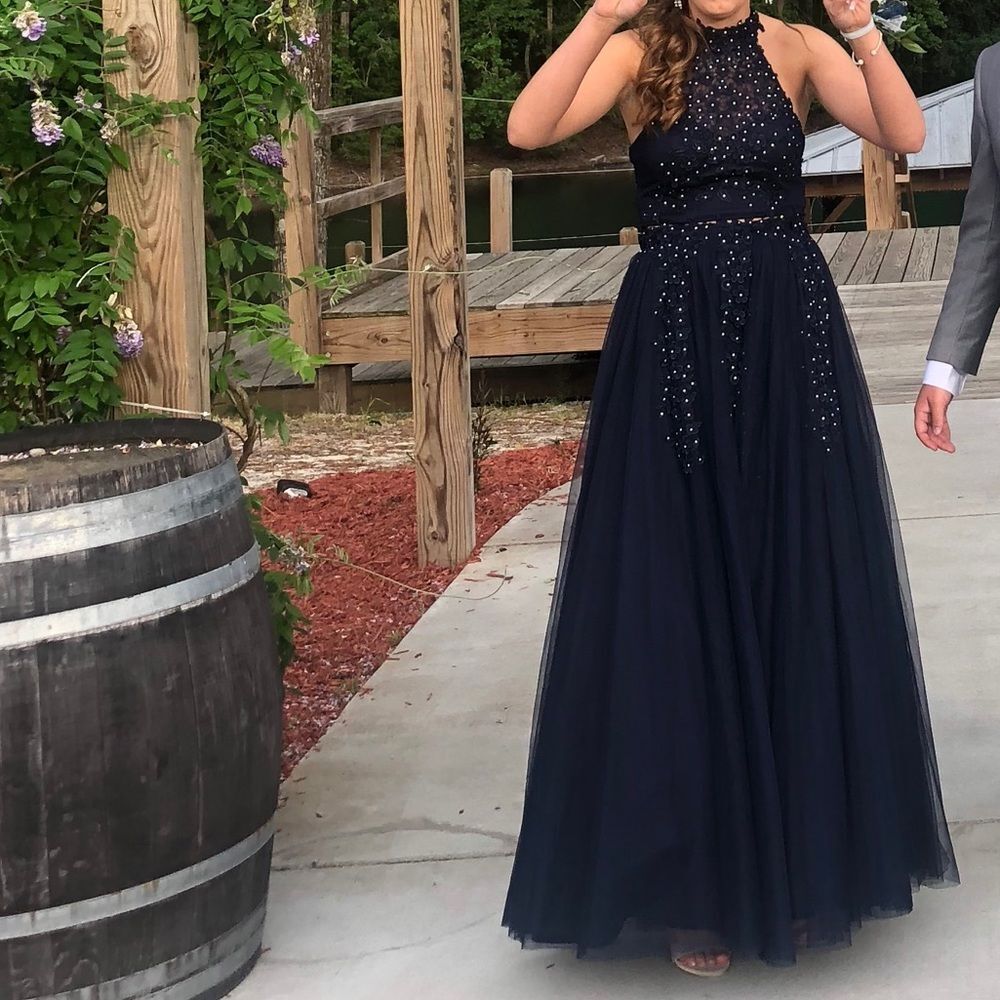 Say Yes to the Prom Formal (Prom dress) Navy 2 piece lace halter ballgown Size 3